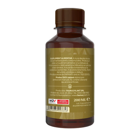 Flacon Tinctură Salvie 200 ml de la Faunus Plant pozat din lateral dreapta. Etichetă vizibilă cu date despre modul de administrare alături de precauții și atenționări, cât și codul de bare, logo TUV Austria și data expirării.