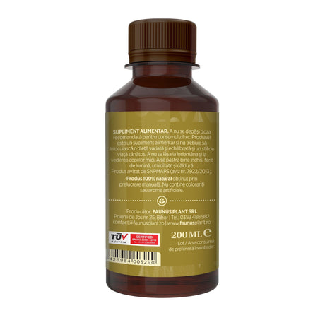 Flacon Tinctură Sânziene 200 ml de la Faunus Plant pozat din lateral dreapta. Etichetă vizibilă cu date despre modul de administrare alături de precauții și atenționări, cât și codul de bare, logo TUV Austria și data expirării. | Cantitate - 200ml