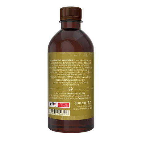 Flacon Tinctură Sânziene 500 ml de la Faunus Plant pozat din lateral dreapta. Etichetă vizibilă cu date despre modul de administrare alături de precauții și atenționări, cât și codul de bare, logo TUV Austria și data expirării. | Cantitate - 500ml