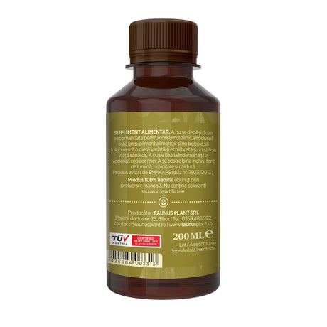 Flaconul tincturii Soc de 200 ml fotografiat din lateral dreapta, evidențiind informațiile de păstrare, producătorul, cod de bare, logo certificare TUV Austria și data expirării. | Cantitate - 200ml