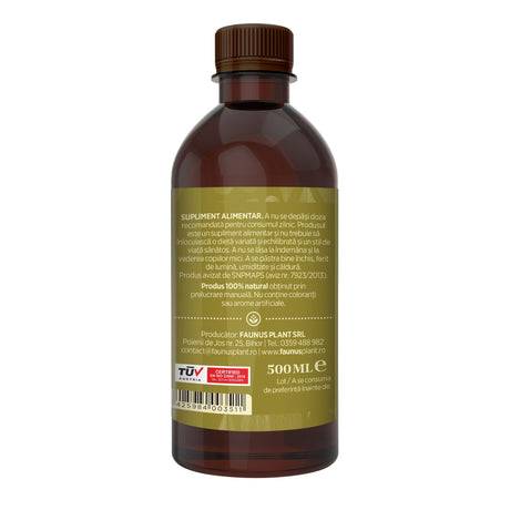 Flaconul tincturii Soc de 500 ml fotografiat din lateral dreapta, evidențiind informațiile de păstrare, producătorul, cod de bare, logo certificare TUV Austria și data expirării. | Cantitate - 500ml