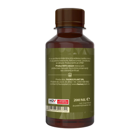 Flaconul tincturii Tătăneasă de 200 ml fotografiat din lateral dreapta, evidențiind informațiile de păstrare, producătorul, cod de bare, logo certificare TUV Austria și data expirării.