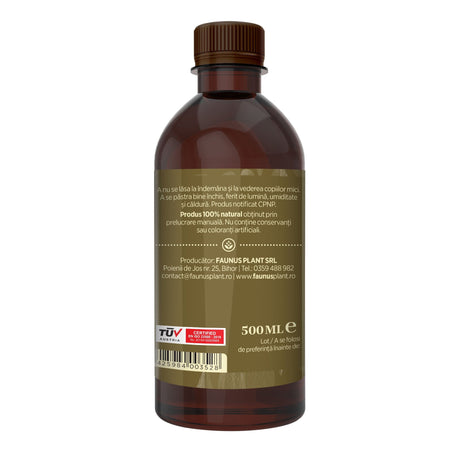 Flaconul tincturii Untul Pământului de 500 ml fotografiat din lateral dreapta, evidențiind informațiile de păstrare, producătorul, cod de bare, logo certificare TUV Austria și data expirării. | Cantitate - 500ml