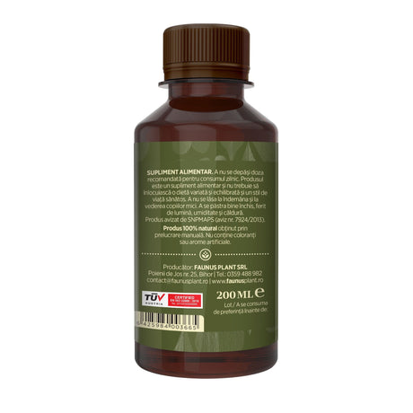 Flaconul tincturii Urzică de 200 ml fotografiat din lateral dreapta, evidențiind informațiile de păstrare, producătorul, cod de bare, logo certificare TUV Austria și data expirării.