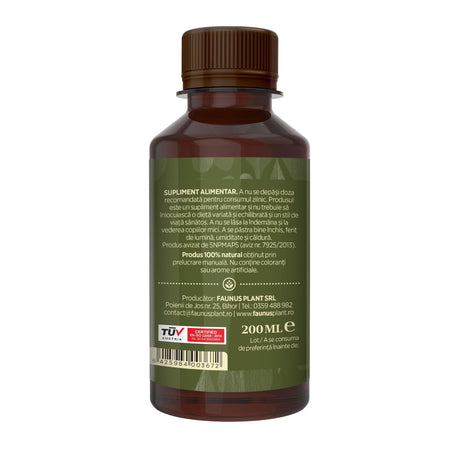 Flaconul tincturii Valeriană de 200 ml fotografiat din lateral dreapta, evidențiind informațiile de păstrare, producătorul, cod de bare, logo certificare TUV Austria și data expirării. | Cantitate - 200ml