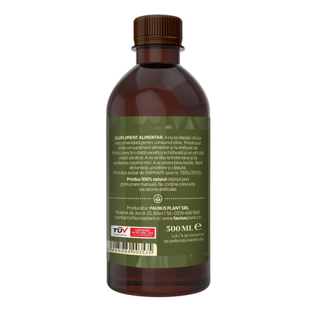 Flaconul tincturii Valeriană de 500 ml fotografiat din lateral dreapta, evidențiind informațiile de păstrare, producătorul, cod de bare, logo certificare TUV Austria și data expirării. | Cantitate - 500ml