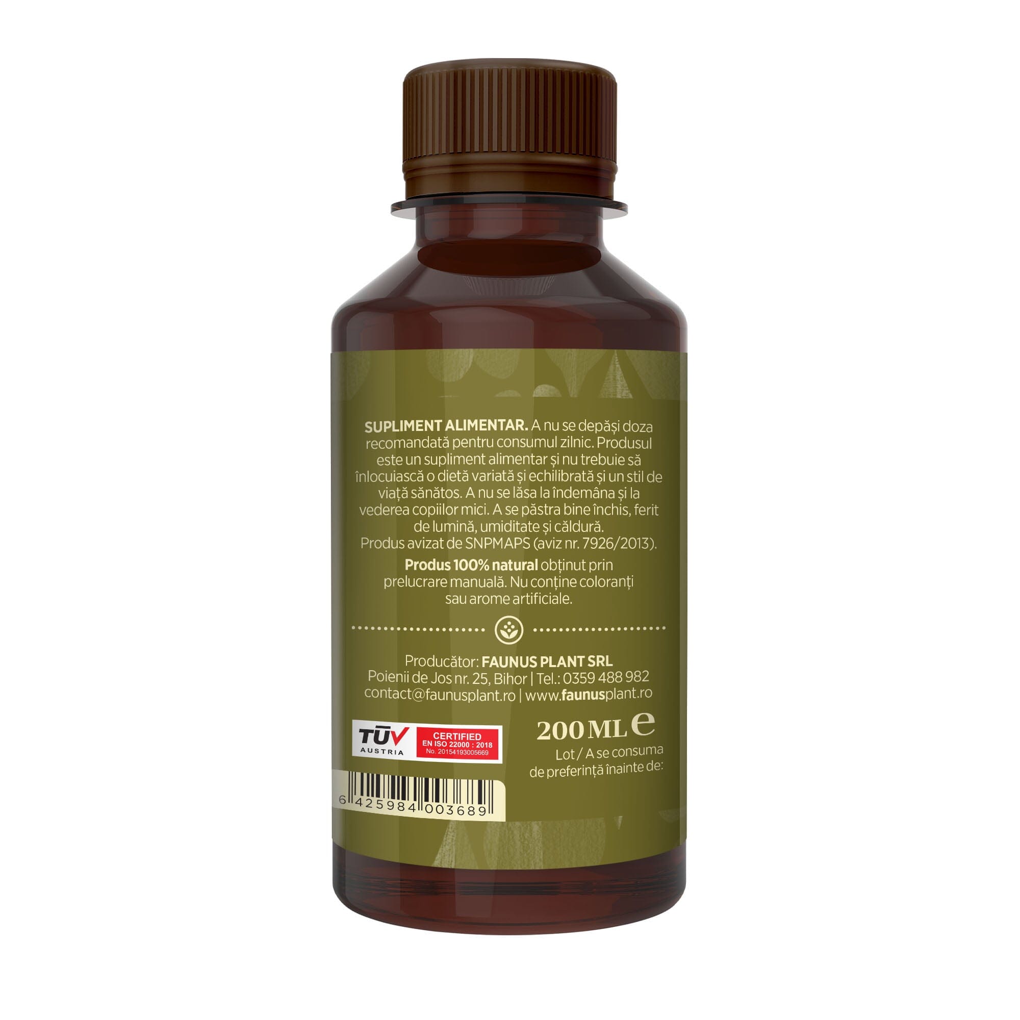 Flaconul tincturii Vâsc de 200 ml, de culoare verde, cu eticheta frontală vizibilă, având logo, denumire și un element grafic reprezentativ.