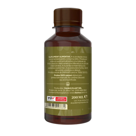 Flaconul tincturii Vâsc de 200 ml, de culoare verde, cu eticheta frontală vizibilă, având logo, denumire și un element grafic reprezentativ.