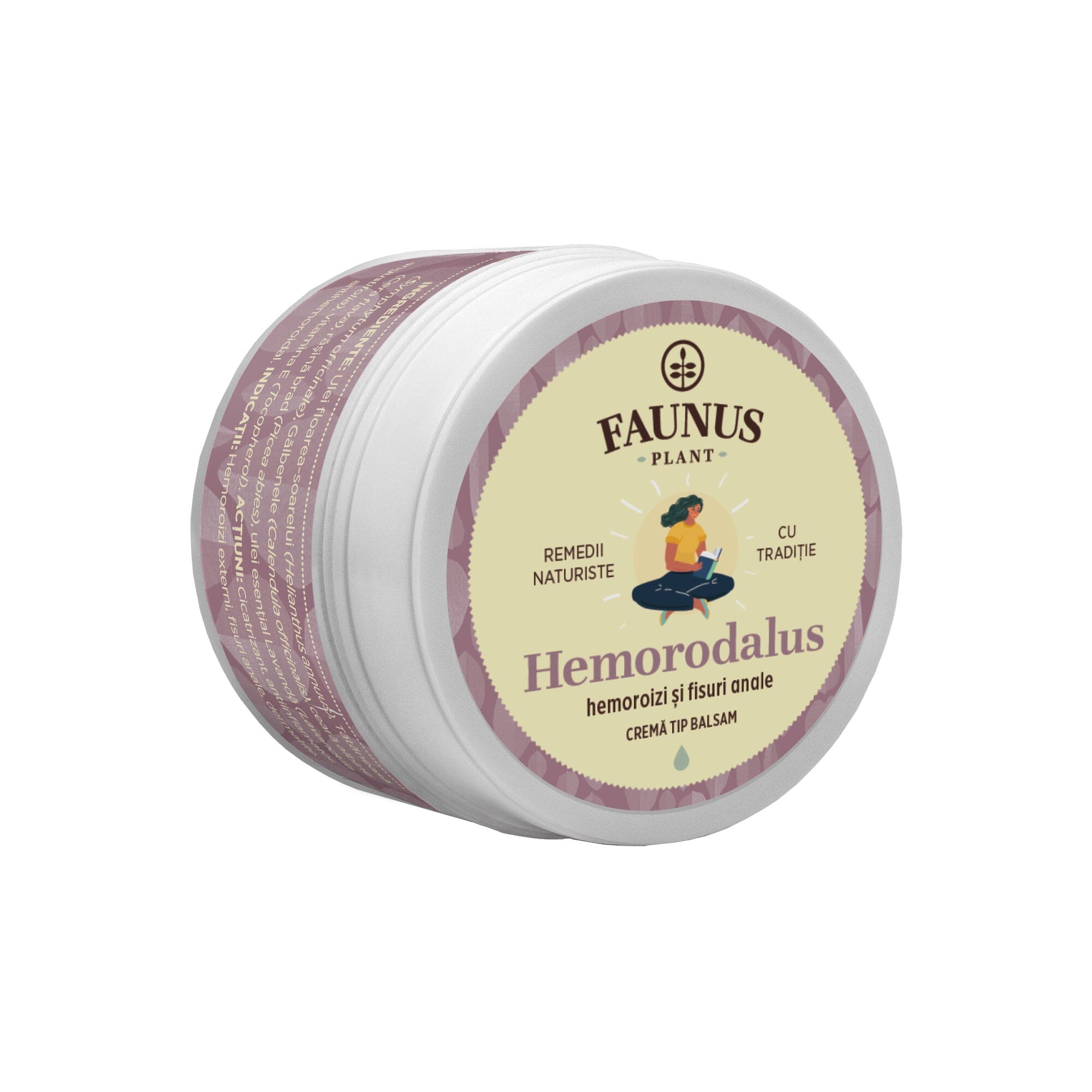 Cremă Tip Balsam Hemorodalus de la Faunus Plant, destinat îngrijirii hemoroizilor și fisurilor anale, cu design mov și logo-ul brandului.
