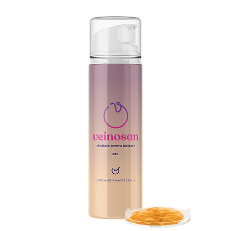 Fotografie de studio a unui flacon de Veinosan Gel 150ml de la Faunus Plant, având alături o mostră de gel într-un capac transparent, plasat pe un fundal alb simplu.