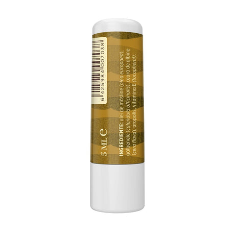Vedere laterală stânga a Balsamului de Buze cu Propolis de la Faunus Plant, cu eticheta vizibilă care conține informații despre compoziția produsului, incluzând ingrediente precum ulei de măsline, gălbenele, ceară de albine, ulei esențial de propolis, respectiv vitamina E.