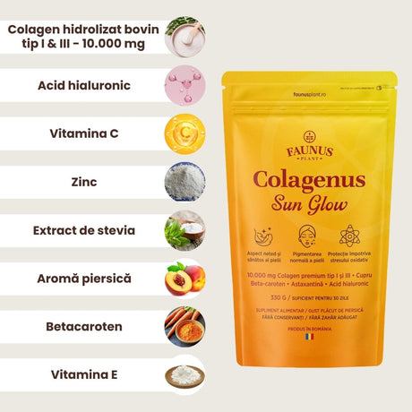 Colagenus Sun Glow – Colagen pudră pentru bronz uniform, piele radiantă și luminoasă. 10.000mg colagen, Vitamina C + E, zinc, cupru și acid hialuronic. Pudră 330g Supliment alimentar Faunus Plant 
