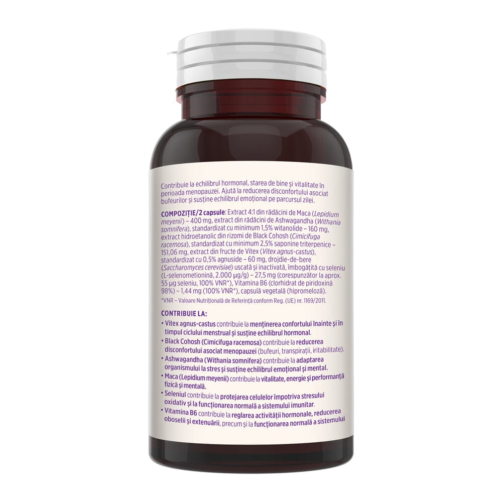 Flaconul de Calmenor Zi fotografiat din lateral stânga, cu detalii despre ingrediente detaliate și beneficii.