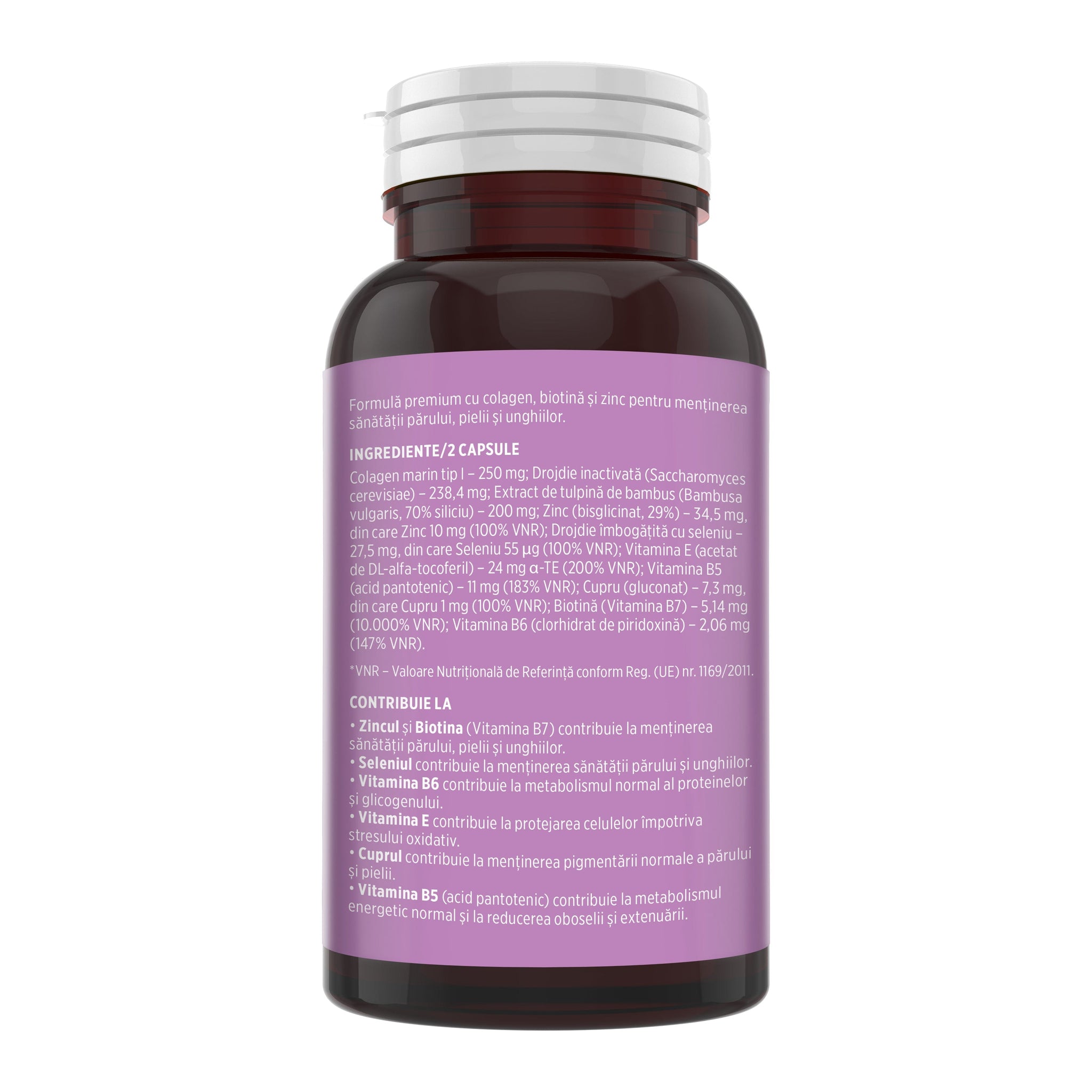 Flaconul de Folicalis fotografiat din lateral stânga, pe fundal alb, cu detalii despre ingrediente, administrare și beneficii.