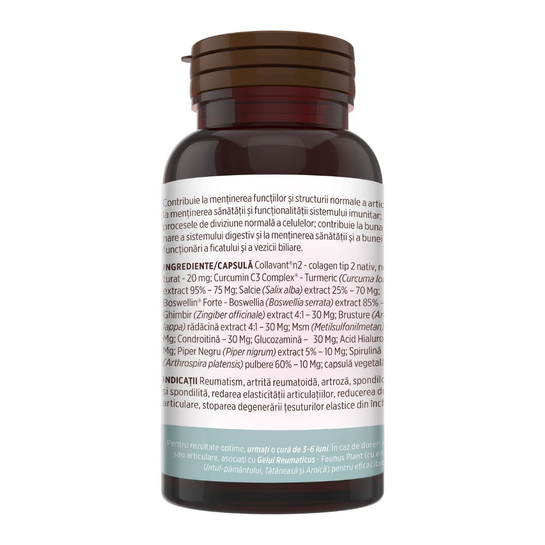 Colagenus Capsule de la Faunus Plant. Etichetă lateral stânga vizibilă cu text legat de beneficii explicate, listă completă de ingrediente, indicații și recomandări. La final se află un text cu recomandarea unei cure de 3-6 luni.