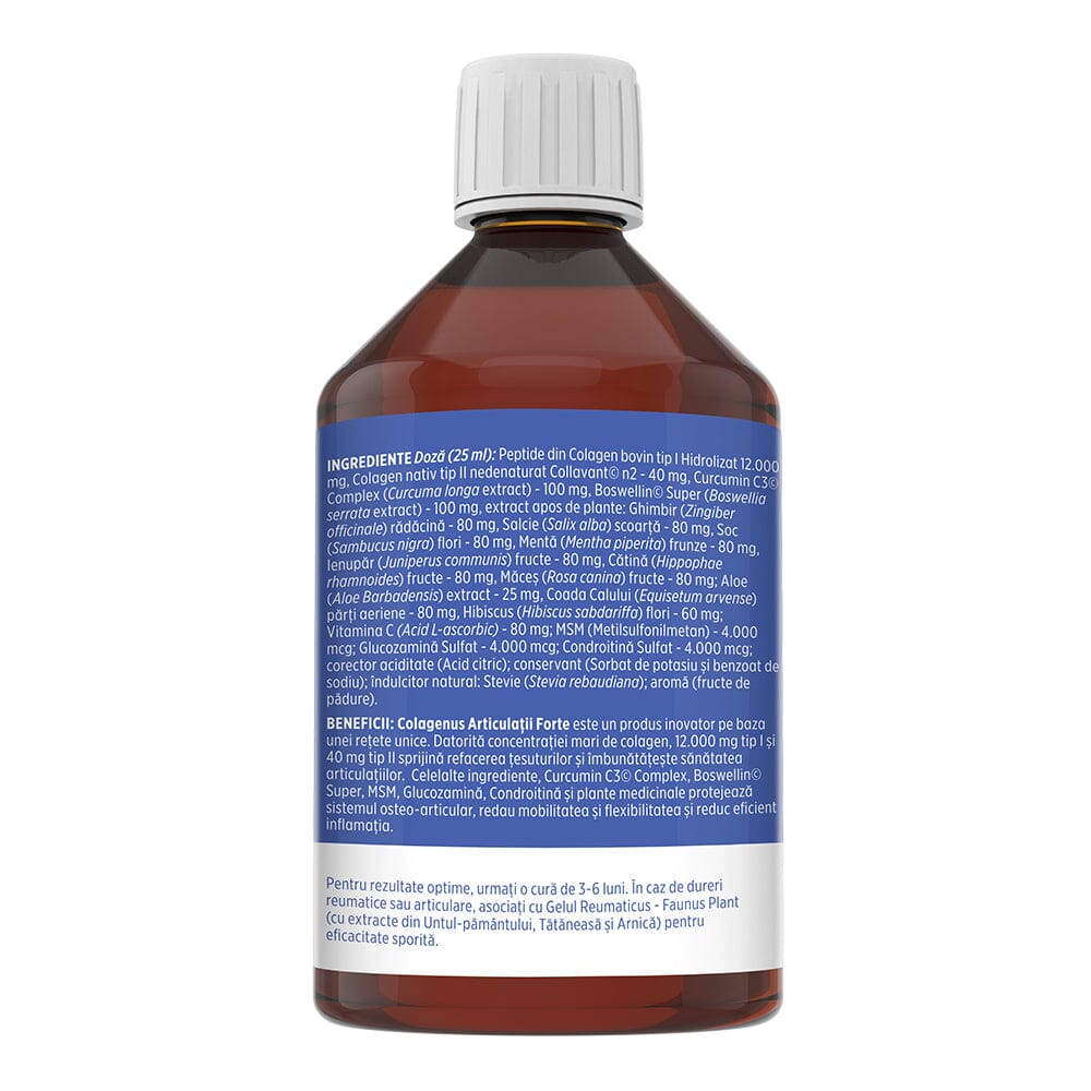 Colagenus Articulații Forte - Colagen lichid concentrat, 12.000mg colagen tip 1 și 40mg colagen tip 2. Flacon 500ml. Susține sănătatea articulațiilor, reducerea inflamațiilor și durerii reumatice, refacerea mușchilor și ligamentelor Supliment alimentar Faunus Plant 