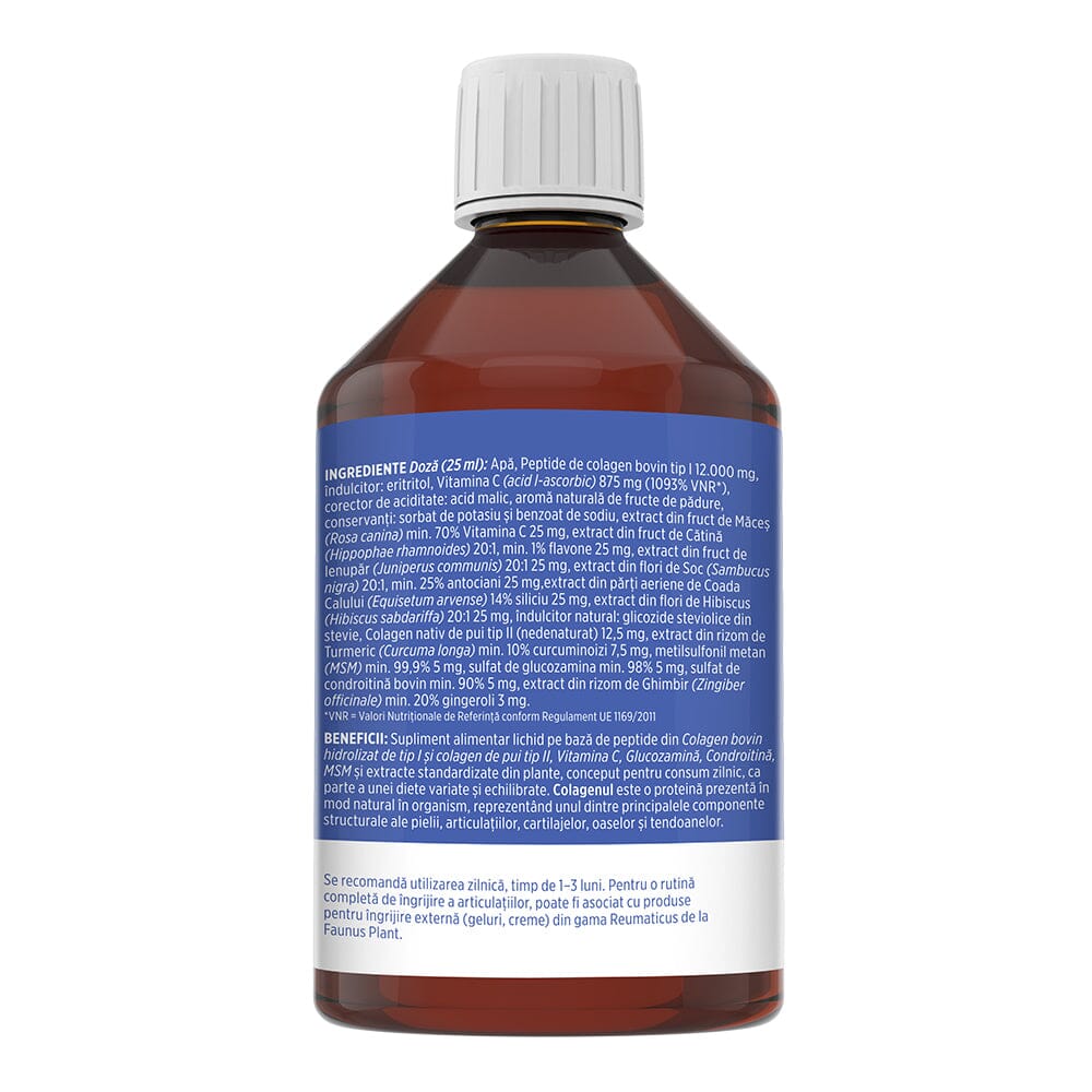 Colagenus Articulații Forte - Colagen lichid concentrat, 12.000mg colagen tip 1 și 40mg colagen tip 2. Flacon 500ml. Susține sănătatea articulațiilor, reducerea inflamațiilor și durerii reumatice, refacerea mușchilor și ligamentelor Supliment alimentar Faunus Plant 