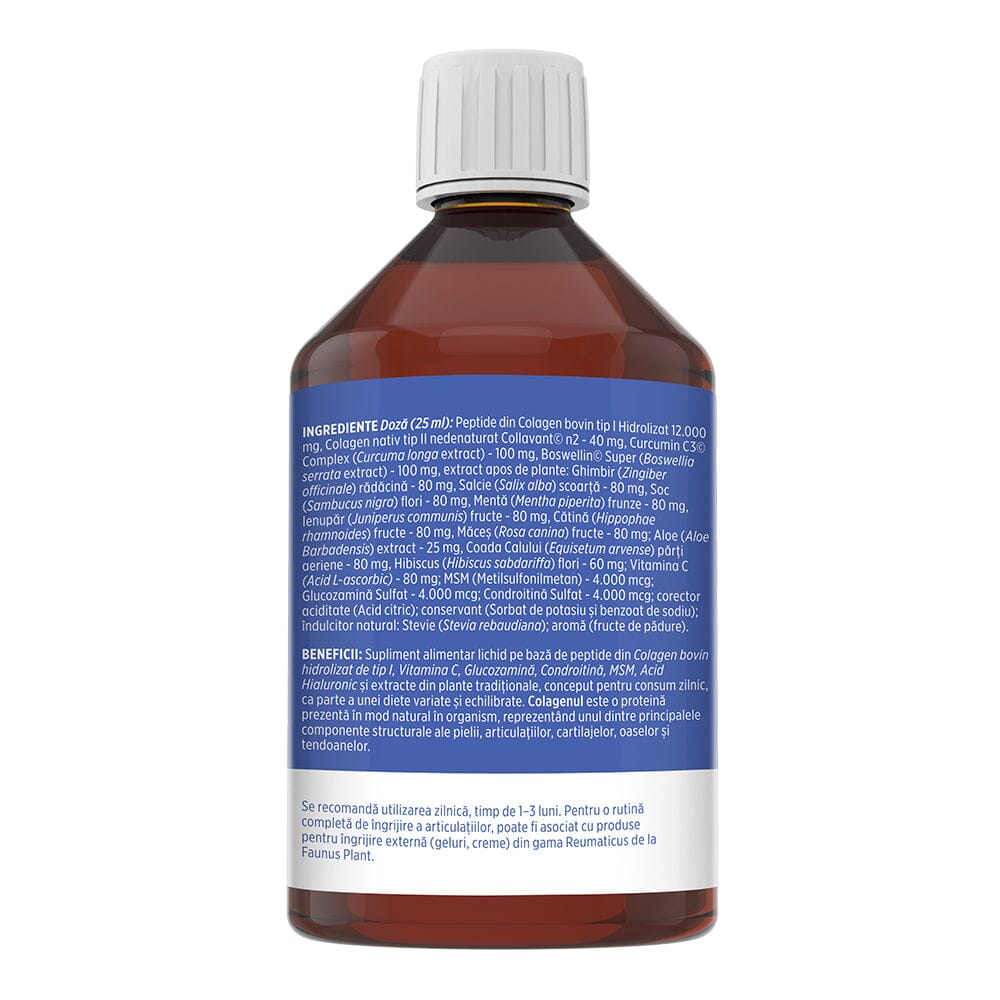 Colagenus Articulații Forte - Colagen lichid concentrat, 12.000mg colagen tip 1 și 40mg colagen tip 2. Flacon 500ml. Susține sănătatea articulațiilor, reducerea inflamațiilor și durerii reumatice, refacerea mușchilor și ligamentelor Supliment alimentar Faunus Plant 