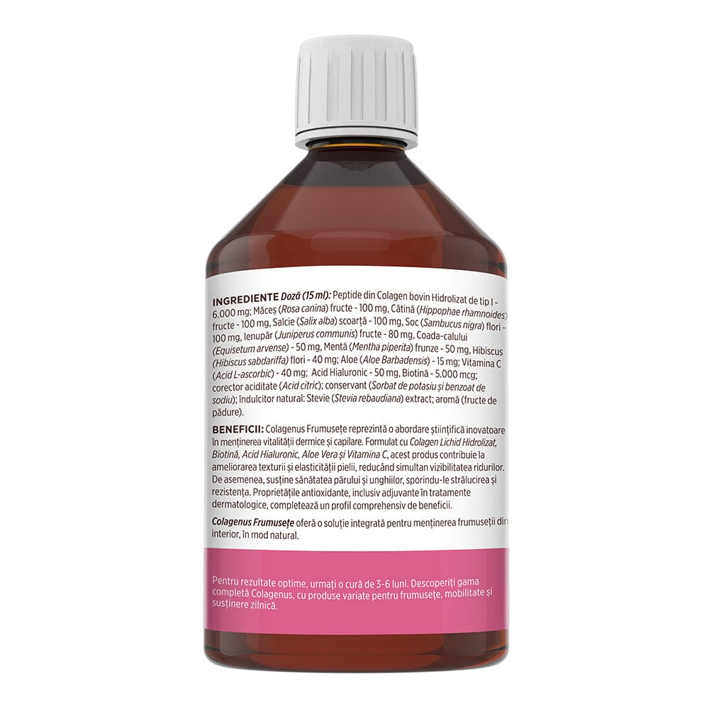 Colagenus Frumusețe - Colagen lichid hidrolizat cu acid hialuronic și biotină. Flacon 500ml. Susține sănătatea și frumusețea pielii, unghiilor și părului. Reduce ridurile și căderea părului. Întărește unghiile Supliment alimentar Faunus Plant 
