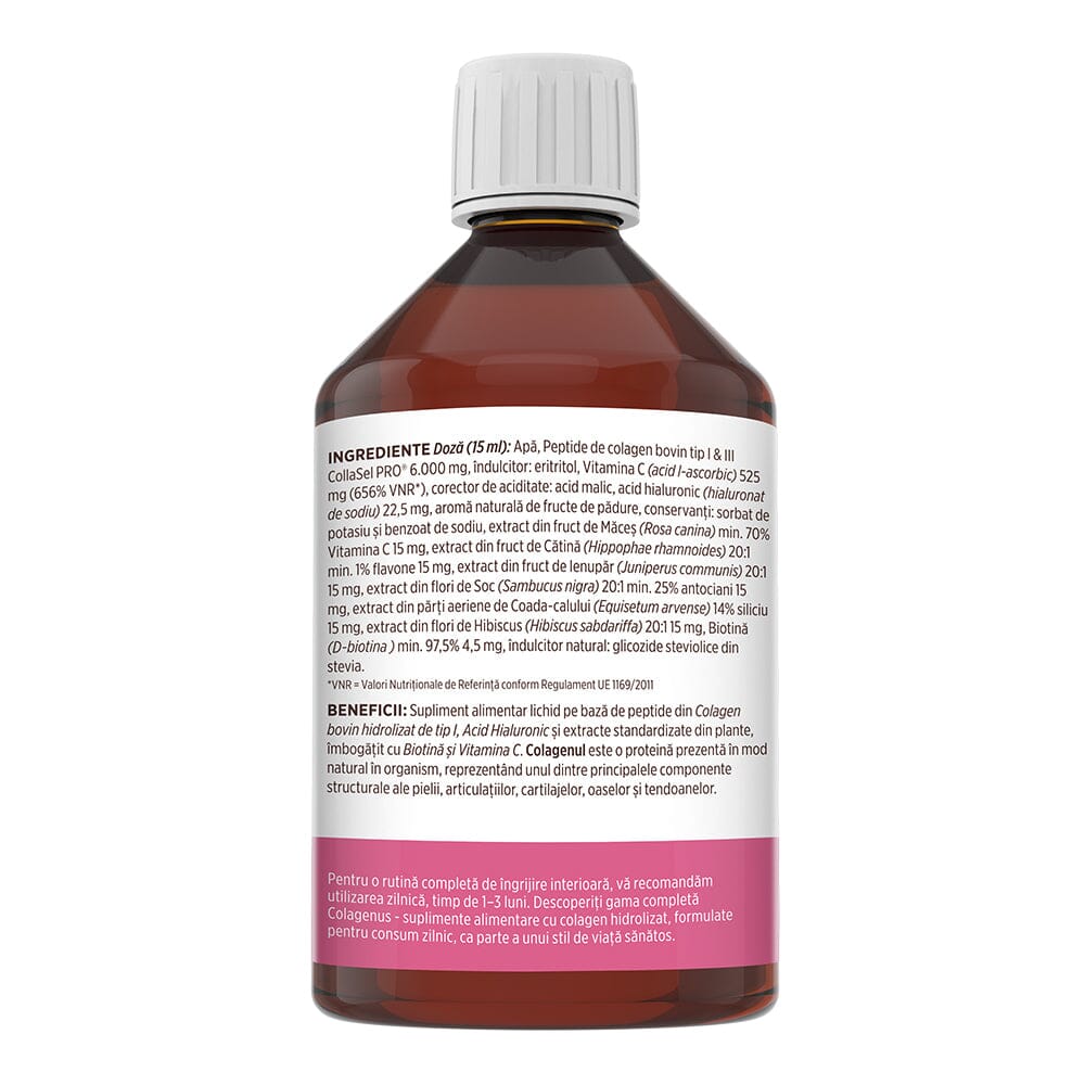Colagenus Frumusețe - Colagen lichid hidrolizat cu acid hialuronic și biotină. Flacon 500ml. Susține sănătatea și frumusețea pielii, unghiilor și părului. Reduce ridurile și căderea părului. Întărește unghiile Supliment alimentar Faunus Plant 