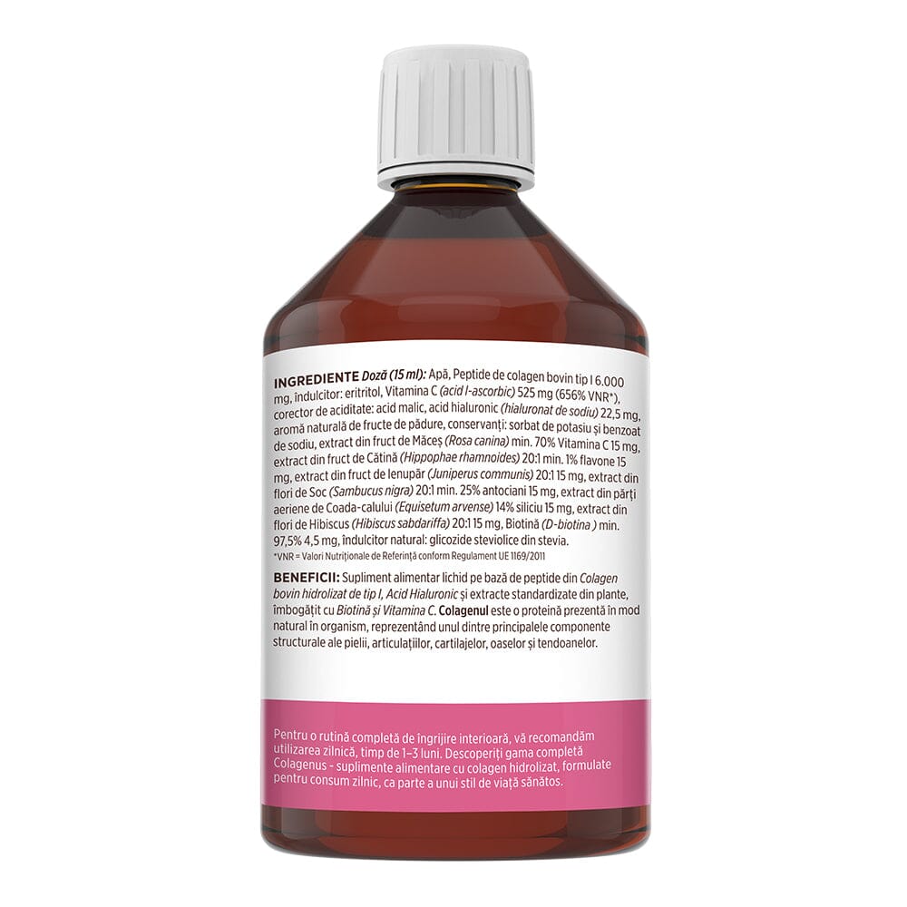 Colagenus Frumusețe - Colagen lichid hidrolizat cu acid hialuronic și biotină. Flacon 500ml. Susține sănătatea și frumusețea pielii, unghiilor și părului. Reduce ridurile și căderea părului. Întărește unghiile Supliment alimentar Faunus Plant 