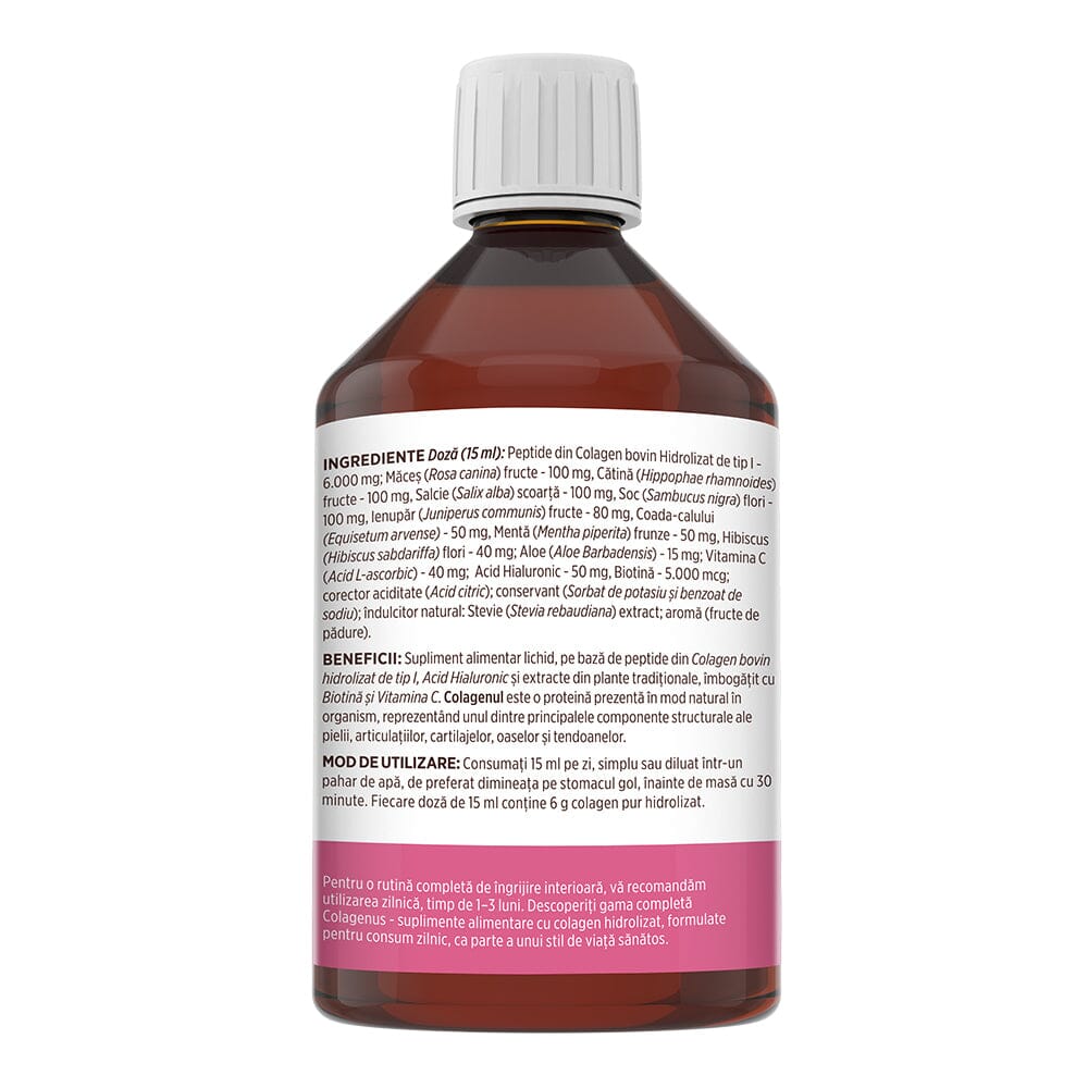 Colagenus Frumusețe - Colagen lichid hidrolizat cu acid hialuronic și biotină. Flacon 500ml. Susține sănătatea și frumusețea pielii, unghiilor și părului. Reduce ridurile și căderea părului. Întărește unghiile Supliment alimentar Faunus Plant 