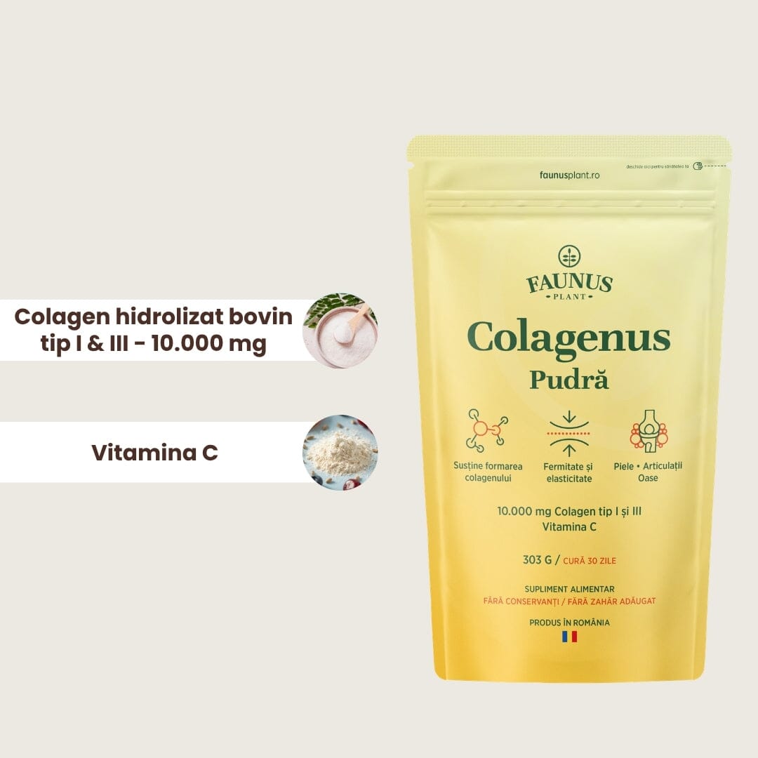 Colagenus Pudră - Colagen hidrolizat concentrat. 10.000 mg tip 1 și tip 3 cu vitamina C. Susține sănătatea articulațiilor, pielii și oaselor. Pudră 303g Pudra Faunus Plant 