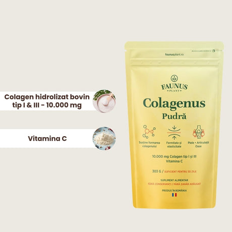 Colagenus Pudră - Colagen hidrolizat concentrat. 10.000 mg tip 1 și tip 3 cu vitamina C. Susține sănătatea articulațiilor, pielii și oaselor. Pudră 303g Supliment alimentar Faunus Plant 