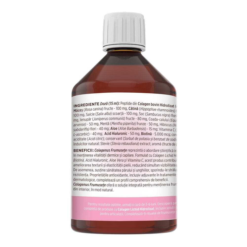 Colagenus Frumusețe - Colagen lichid hidrolizat cu acid hialuronic și biotină. Flacon 500ml. Susține sănătatea și frumusețea pielii, unghiilor și părului. Reduce ridurile și căderea părului. Întărește unghiile Supliment alimentar Faunus Plant 
