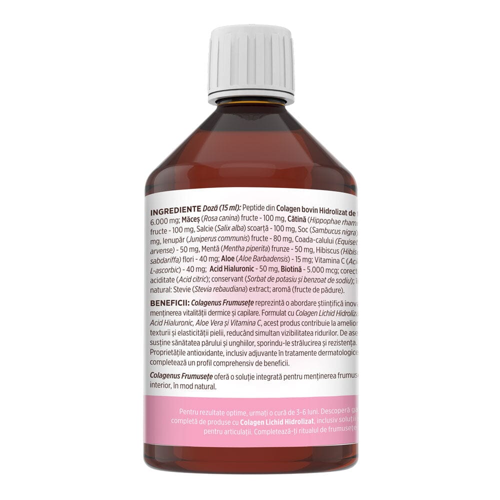 Colagenus Frumusețe - Colagen lichid hidrolizat cu acid hialuronic și biotină. Flacon 500ml. Susține sănătatea și frumusețea pielii, unghiilor și părului. Reduce ridurile și căderea părului. Întărește unghiile Supliment alimentar Faunus Plant 