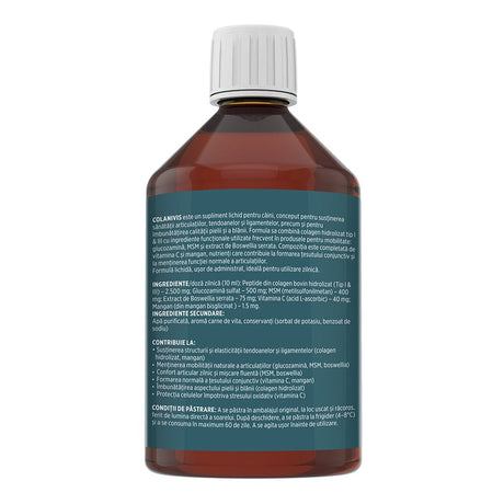 Flacon Colanivis de la Faunus Pets, pe fundal alb, văzut din spate, având pe etichetă vizibile descierea produsului, ingrediente principale și secundare, beneficii și condiții de păstrare.