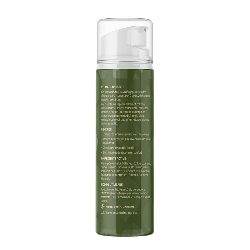 Flacon gel Reumaticus Forte de la Faunus Plant din lateral stânga, cu etichetă verde, având vizibilă o descriere cu beneficii, listă ingrediente active și mod de utilizare.