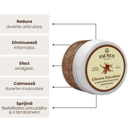 Grafică explicativă a beneficiilor Unguent Gheara Diavolului 50ml de la Faunus Plant. Beneficii: reduce durerile articulare, diminuează inflamația, efect analgezic, calmează durerile musculare, sprijină flexibilitatea articulațiilor și a tendoanelor. Imaginea include cutia produsului în prim-plan.