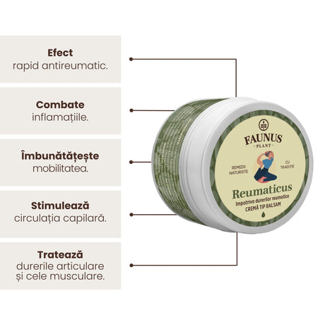 Imagine grafică care evidențiază beneficiile Unguentului Reumaticus 50 ml de la Faunus Plant, inclusiv faptul că are efect antireumatic, combate inflamațiile, îmbunătățește mobilitatea, stimulează circulația capilară și tratează durerile articulare și cele musculare. | Cantitate - 50ml