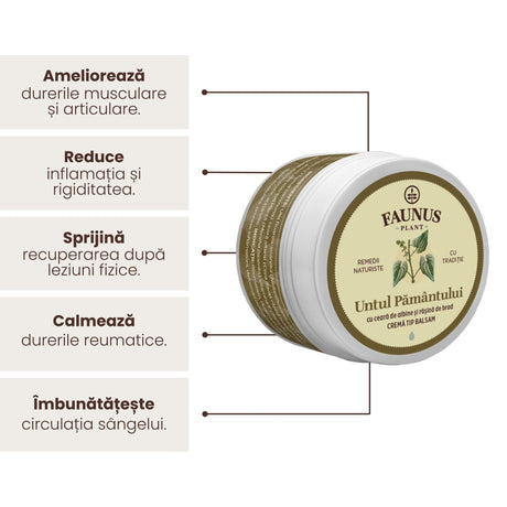 Imagine grafică care evidențiază beneficiile Unguentului Untul Pământului 50 ml de la Faunus Plant, incluzând ameliorarea durerilor musculare și articulare, reducerea inflamației și a rigidității, sprijinirea recuperării după leziunile fizice, calmarea durerilor reumatice și îmbunătățirea circulației sângelui. 