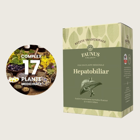 Cutie de Ceai Hepatobiliar Faunus Plant, vedere frontală. Colaj grafic cu cele 17 ingrediente principale.