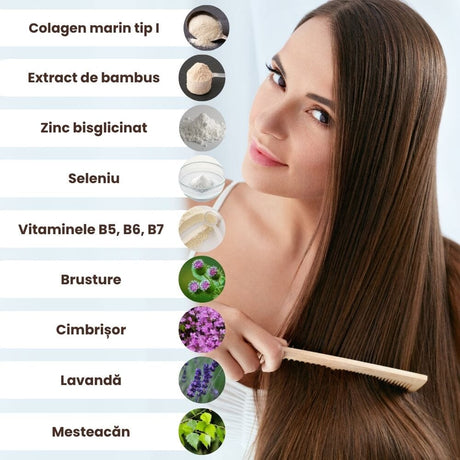 Imagine cu o femeie care își piaptănă părul lung, însoțită de elemente grafice care ilustrează ingredientele principale din Pachetul Păr Sănătos de la Faunus Plant. Graficele prezintă plante, vitamine, minerale și colagen care susțin creșterea părului, circulația scalpului și prevenirea căderii.