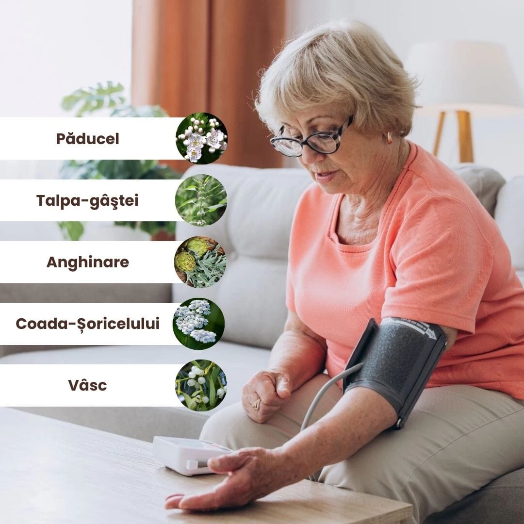 Imagine infografică cu ingredientele principale din pachetul Normotensius de la Faunus Plant: păducel, talpa-gâștei, anghinare, coada-șoricelului și vâsc. Fundal reprezentând o femeie măsurând tensiunea arterială.