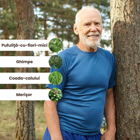 Grafică ce prezintă principalele plante utilizate în Pachetul Prostata Sănătoasă de la Faunus Plant: pufuliță-cu-flori-mici, ghimpe, coada-calului, merișor. Imagine ilustrativă cu fundal natural și text explicativ.