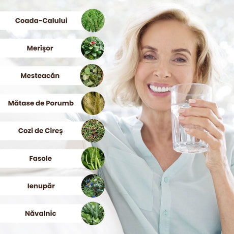 Colaj grafic cu ingrediente din pachetul Renalus de la Faunus Plant, incluzând coada-calului, merișor, mesteacăn, mătase de porumb, cozi de cireș, fasole, ienupăr și năvalnic, alături de o imagine a unei femei care ține un pahar de apă, simbolizând hidratarea.