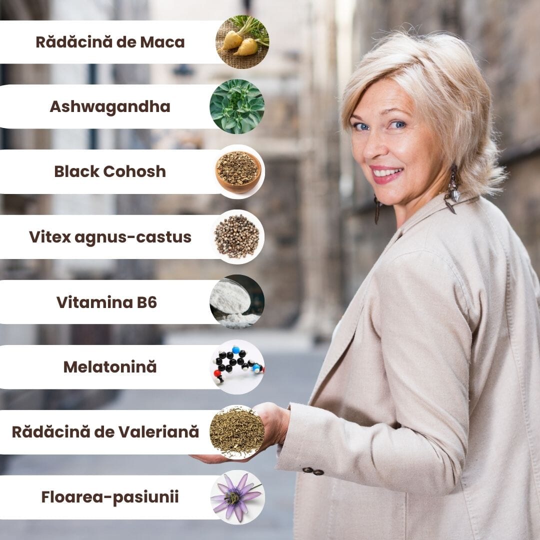 Imagine cu o femeie care zâmbește, fotografiată din spate, care poartă un sacou, având alături câteva elemente grafice care ilustrează ingredientele principale din capsulele Calmenor Zi și Noapte, cu o fotografie medalion în dreptul fiecăruia.