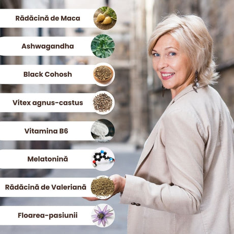 Imagine cu o femeie care zâmbește, fotografiată din spate, care poartă un sacou, având alături câteva elemente grafice care ilustrează ingredientele principale din capsulele Calmenor Zi și Noapte, cu o fotografie medalion în dreptul fiecăruia.