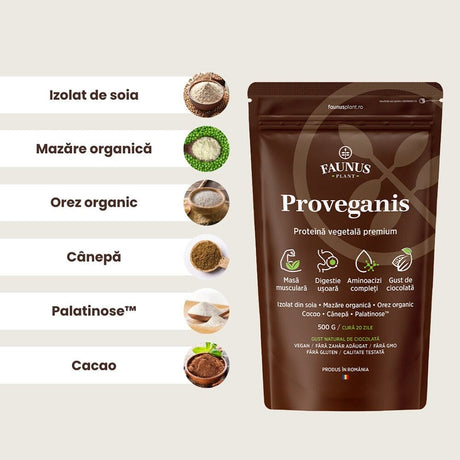 Proveganis - Proteină vegetală cu aromă de ciocolată. Amestec natural pentru energie și susținerea masei musculare. Pudră 500 g Superalimente Faunus Plant 
