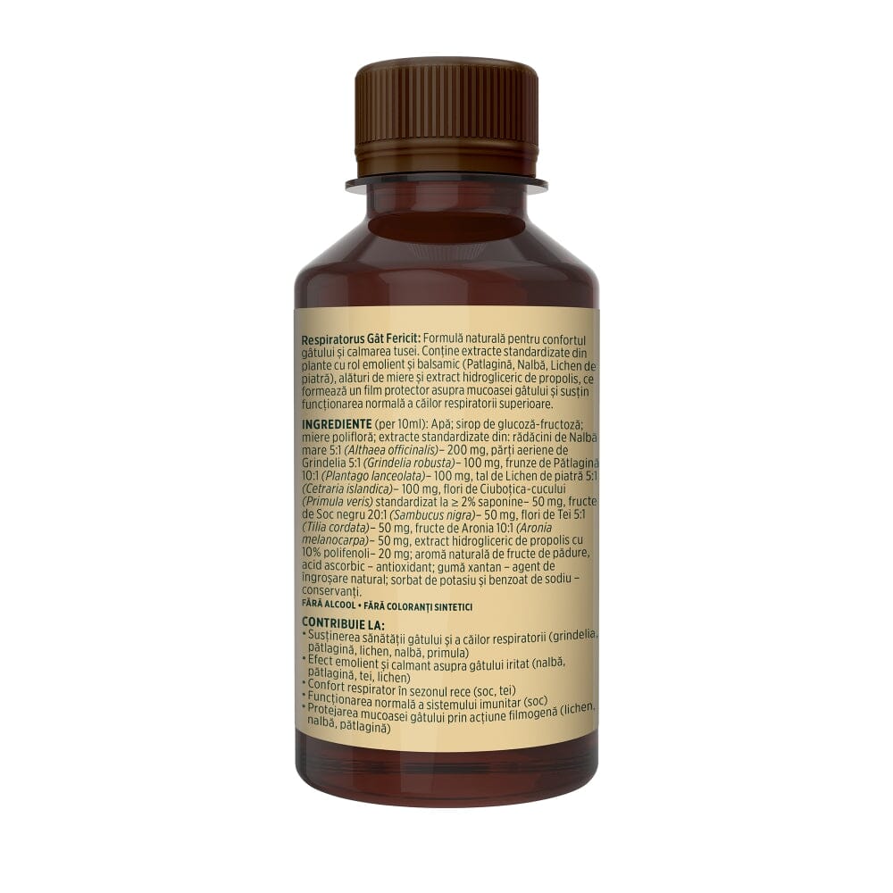 Respiratorus Gât Fericit – Sirop pentru copii. Susține confortul gâtului și căilor respiratorii. Flacon 200ml Sirop cu miere Faunus Plant 