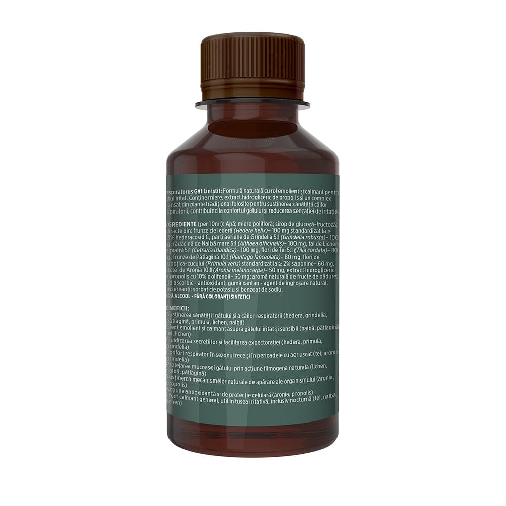 Respiratorus Gât Liniștit – Sirop pentru tuse cu rol emolient și calmant pentru gâtul iritat. Flacon 200ml Sirop cu miere Faunus Plant 