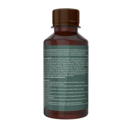 Respiratorus Gât Liniștit – Sirop pentru tuse cu rol emolient și calmant pentru gâtul iritat. Flacon 200ml Sirop cu miere Faunus Plant 