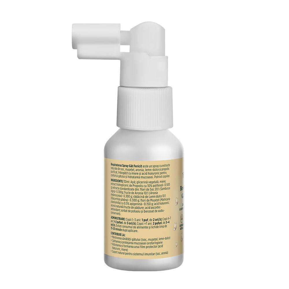 Respiratorus Gât Fericit - Spray de gât copii cu extracte naturale, propolis și miere. Efect calmant și hidratant. Flacon 30 ml Sprayuri Faunus Plant 