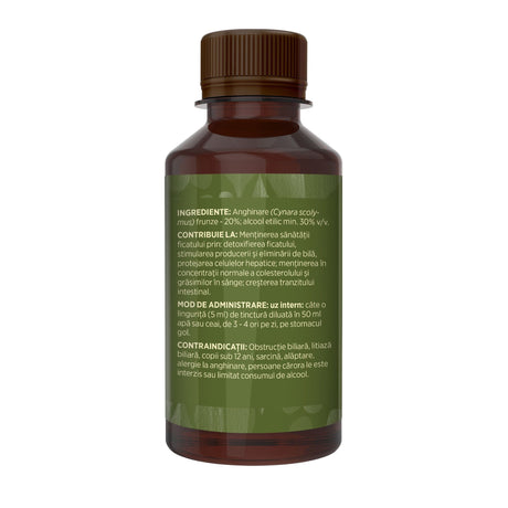 Imagine din lateral stânga cu flacon Tinctură Anghinare 200 ml de la Faunus Plant cu detalii despre proprietăți, ingrediente, mod de administrare și contraindicații