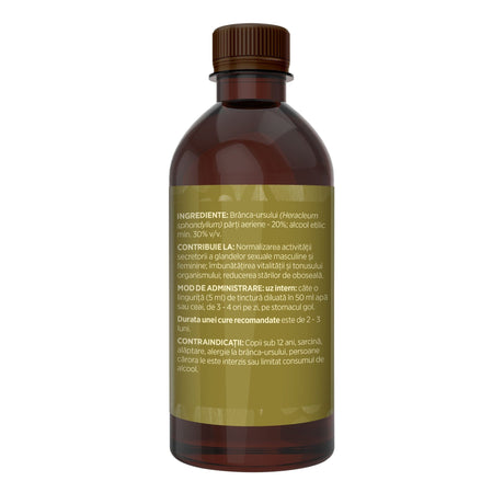 Imagine din lateral stânga cu flacon Tinctură Brânca Ursului 500 ml de la Faunus Plant cu detalii despre proprietăți, ingrediente, mod de administrare și contraindicații | Cantitate - 500ml