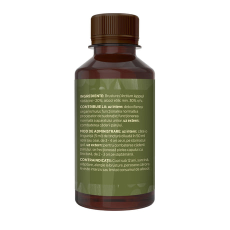 Imagine din lateral stânga cu flacon Tinctură Brusture 200 ml de la Faunus Plant cu detalii despre proprietăți, ingrediente, mod de administrare și contraindicații